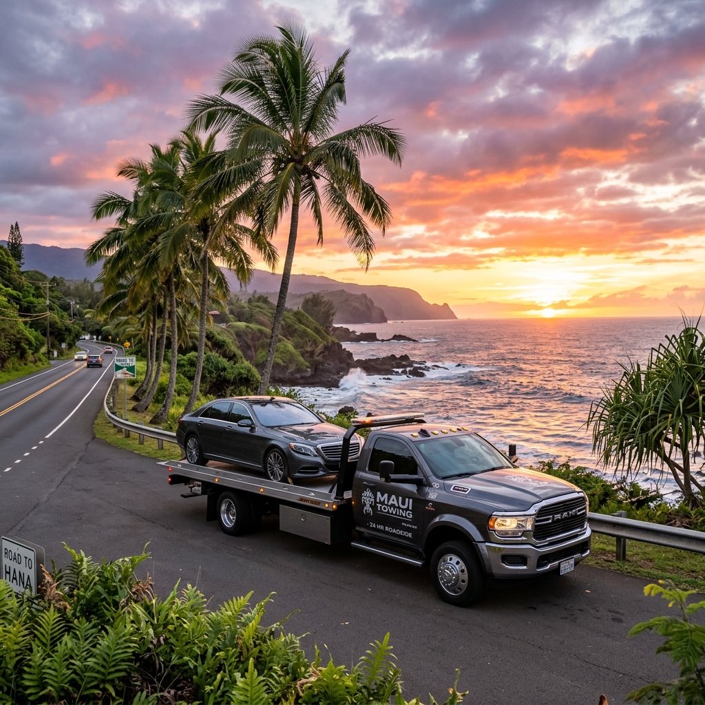 Sleek flatbed tow truck on a scenic Maui coastal highway during sunset